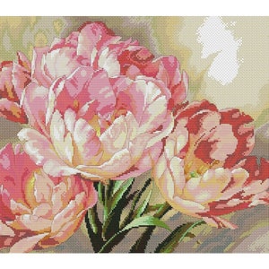 May include: A close-up of three pink and white tulips with green stems and leaves against a light brown background.