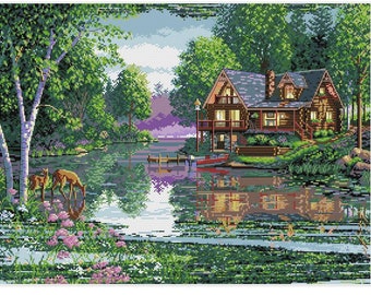 Labdscape Cross Stitch Pattern | Forest Cross Stitch Pattern | House Cross Stitch Pattern | PDF Instant Download