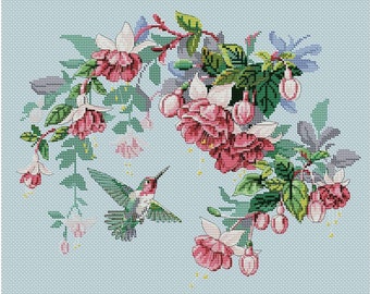 Hummingbird with flowers Cross Stitch Pattern | Birds Cross Stitch Pattern | PDF Instant Download