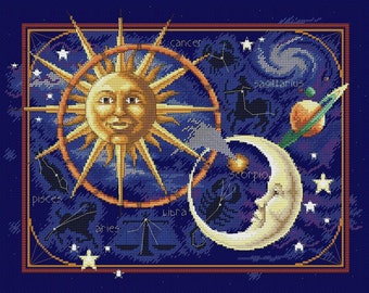 May include: A blue background with a gold sun and a white crescent moon. The sun and moon are surrounded by the zodiac signs, including Cancer, Sagittarius, Scorpio, Pisces, Aries, and Libra.