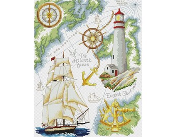 Ship Cross Stitch Pattern | Sea Sampler Cross Stitch Pattern | Instant Download PDF