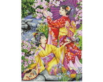 Geisha Cross Stitch Pattern | Japanese Garden Cross Stitch | Instant Download PDF