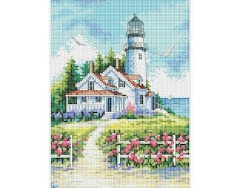 Seaside Cottage, motif de point de croix PDF | Modèle de point de croix phare | Téléchargement instantané PDF
