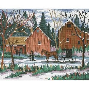 May include: A winter scene with two red barns, a horse-drawn carriage, and snow-covered ground. The barns have white trim and windows. The carriage is black with a wooden seat and wheels. The horse is brown and white.