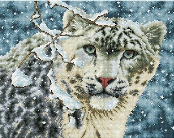 Patrón de punto de cruz de leopardo de las nieves en PDF / Punto de cruz de animales de invierno / Descarga instantánea en PDF