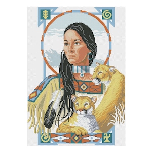 May include: A Native American woman with long black hair and a beaded necklace is holding two cougars. The woman is wearing a colorful beaded vest and a feather headdress. The background is a blue sky with white clouds.