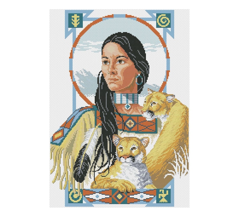 May include: A Native American woman with long black hair and a beaded necklace is holding two cougars. The woman is wearing a colorful beaded vest and a feather headdress. The background is a blue sky with white clouds.