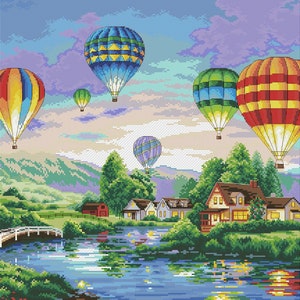 May include: A colorful landscape painting with hot air balloons floating over a small town and a river. The sky is a light blue with white clouds. The balloons are red, yellow, blue, and green. The town has small houses with green trees and a bridge over the river.