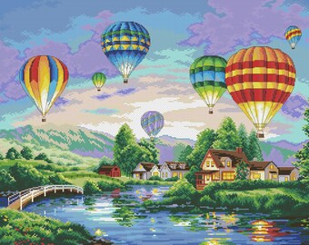 Patrón de punto de cruz de globo aerostático sin aire / Patrón de punto de cruz de paisaje / PDF de descarga instantánea