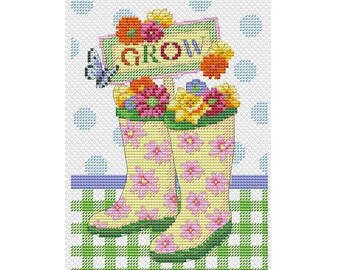 Flowers in boots  Cross Stitch Pattern | Spring Cross Stitch Pattern  | Instant Download PDF