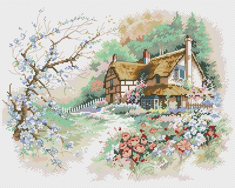 English Cottage Cross Stitch Pattern Village House Cross Etsy