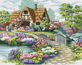Cottage Cross Stitch Pattern | Victorian Houses Cross Stitch | Spring Cross Stitch |   Instant Download PDF