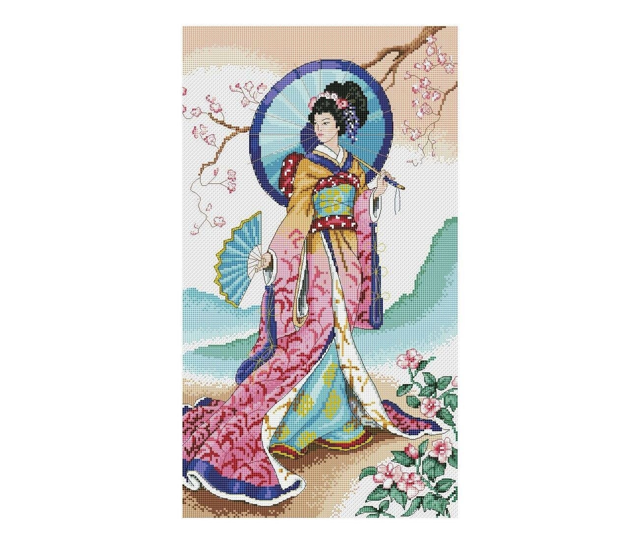 Japanese Geisha Cross Stitch Pattern | Woman Cross Stitch Pattern ...