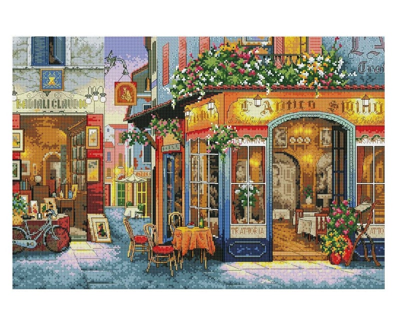 City Street Cross Stitch Pattern | Auropean Bistro Cross Stitch Pattern ...