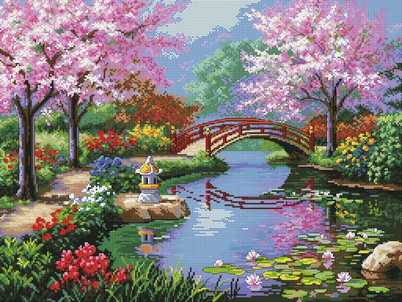 May include: A picturesque scene of a Japanese garden with a red bridge over a pond, surrounded by lush greenery and blooming pink cherry blossoms.