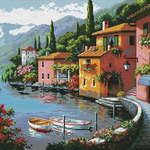 Landscape Cross Stitch Pattern | ІSea Houses Cross Stitch Pattern | Instant Download PDF