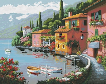 Landscape Cross Stitch Pattern | ІSea Houses Cross Stitch Pattern | Instant Download PDF