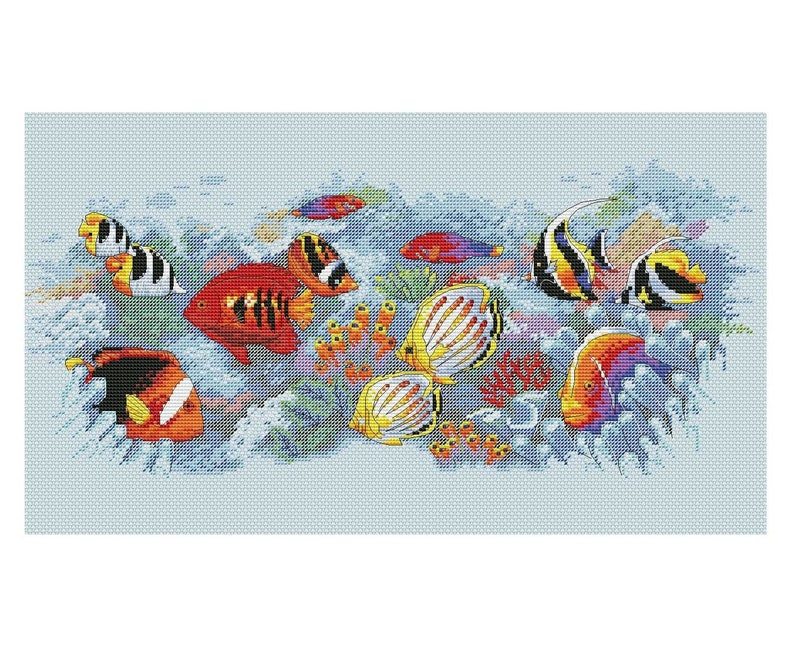 May include: A colourful cross-stitch pattern depicting a variety of tropical fish swimming among coral reefs. The fish are in shades of red, orange, yellow, blue, and black.