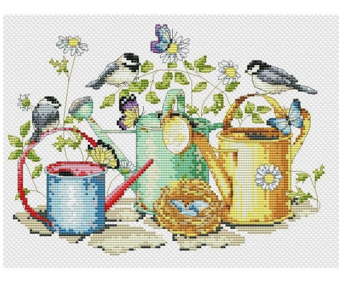 Birds Cross Stitch Pattern Watering Can Cross Stitch Summer Etsy