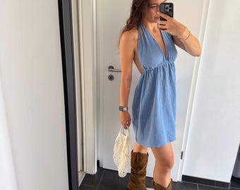 Lentina Dress – Blue Halter Neck Summer Dress | Backless Flowy Boho Midi Dress | Lightweight Cotton Beach Dress for Women