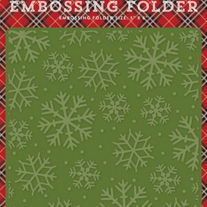 May include: A green embossing folder with a snowflake pattern. The folder is 5 inches by 6 inches and is part of the "A Perfect Christmas" collection by Lori Whitlock for Echo Park Paper Co.