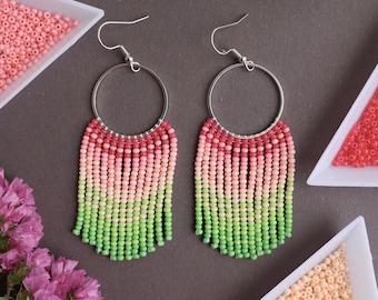 Pink green beaded earrings Beaded fringe earrings Fringe hoop earrings Light green earrings Light pink earrings Ombre earrings