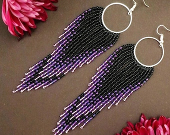 Black chandelier earrings Lilac earrings Bead fringe earrings Asymmetric earrings Beadwork earrings Fringe hoop earrings Ombre earrings