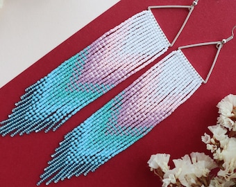 Turquoise fringe earrings Ombre beaded earrings Teal earrings Super long earrings Light pink earrings Beaded fringe earrings