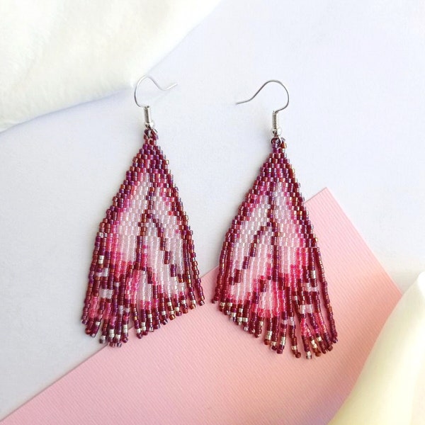 Butterfly wing earrings Fairy wing earrings Fairy earrings Miyuki earrings Hot pink earrings Beaded fringe earrings Pink butterfly earrings