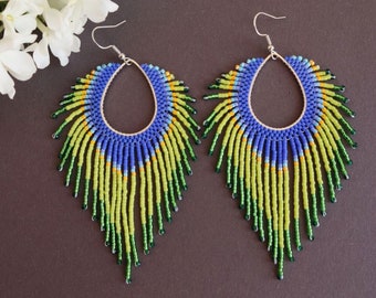 Peacock feather earrings Parrot earrings Peacock earrings Beaded fringe earrings Seed bead earrings Bird feather earrings Beadwork earrings