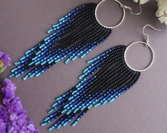 Black chandelier earrings Bright blue earrings Beaded fringe earrings Asymmetric earrings Beadwork earrings Fringe hoop earrings