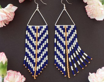 Navy blue earrings Champagne earrings Boho fringe earrings Bead fringe earrings Evening earrings Gold fringe earrings Seed bead earrings