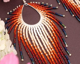 Long feather earrings Parrot earrings Beaded fringe earrings Mexican earrings Beadwork earrings Fringe hoop earrings Ombre earrings