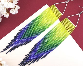 Lime green earrings Royal blue earrings Beaded fringe earrings Beadwork earrings Neon yellow earrings Ombre beaded earrings