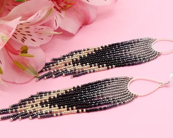 Evening earrings Ombre beaded earrings Beaded fringe earrings Noir earrings Royalcore Aesthetic earrings Fringe hoop earrings