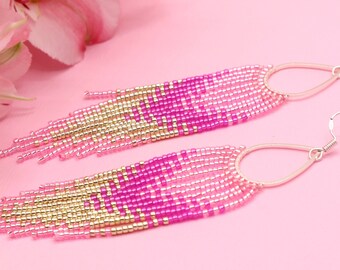 Ombre beaded earrings Hot pink earrings Beadwork earrings Fringe hoop earrings Light pink earrings Evening earrings Royalcore