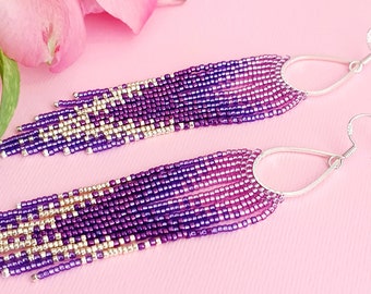 Violet earrings Ombre beaded earrings Beaded fringe earrings Lilac earrings Beadwork earrings Royalcore Seed bead earrings