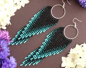 Black chandelier earrings Turquoise earrings Bead fringe earrings Asymmetric earrings Beadwork earrings Fringe hoop earrings Ombre earrings