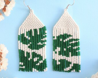 Monstera leaf earrings Mismatched earrings Monstera earrings Beaded fringe earrings Botanical earrings Dark green earrings