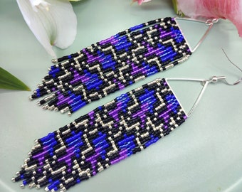 Triangle hoop earrings Royal blue earrings Lilac earrings Multicolor earrings Miyuki earrings Beadwork earrings Beaded fringe earrings