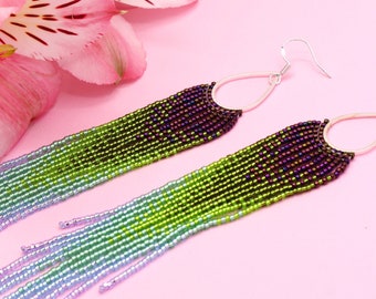 Olive green earrings Sky blue earrings Beaded fringe earrings Ombre beaded earrings Beadwork earrings Fringe hoop earrings