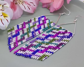 Beadwork earrings Miyuki earrings Fuchsia earrings Royal blue earrings Multicolor earrings Beaded fringe earrings Aesthetic earrings