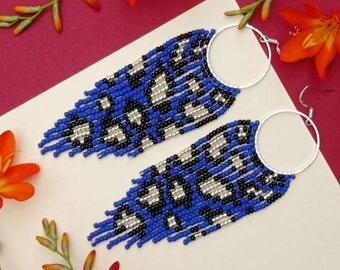 Leopard earrings Navy blue earrings Czech seed bead earrings Leopard print earrings Seed bead hoop earrings Animal print earrings
