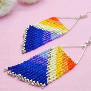 Short earrings Navy blue earrings Bright orange earrings Bead fringe earrings Multicolor earrings Striped earrings Ombre earrings