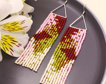 Olive green earrings Abstract geometric earrings Burgundy earrings Beaded fringe earrings Abstract beaded earrings Pink beaded earrings