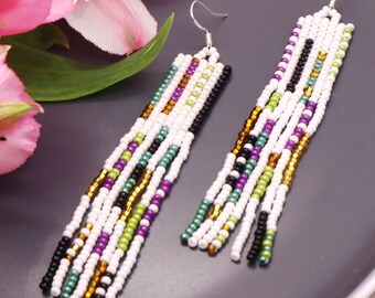 White fringe earrings Mismatched earrings Seed bead earrings Asymmetric earrings Beaded fringe earrings Abstract geometric earrings