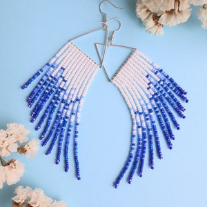 White fringe earrings | Navy blue earrings | Asymmetric earrings | Bead fringe earrings | Fringe hoop earrings | Ombre earrings