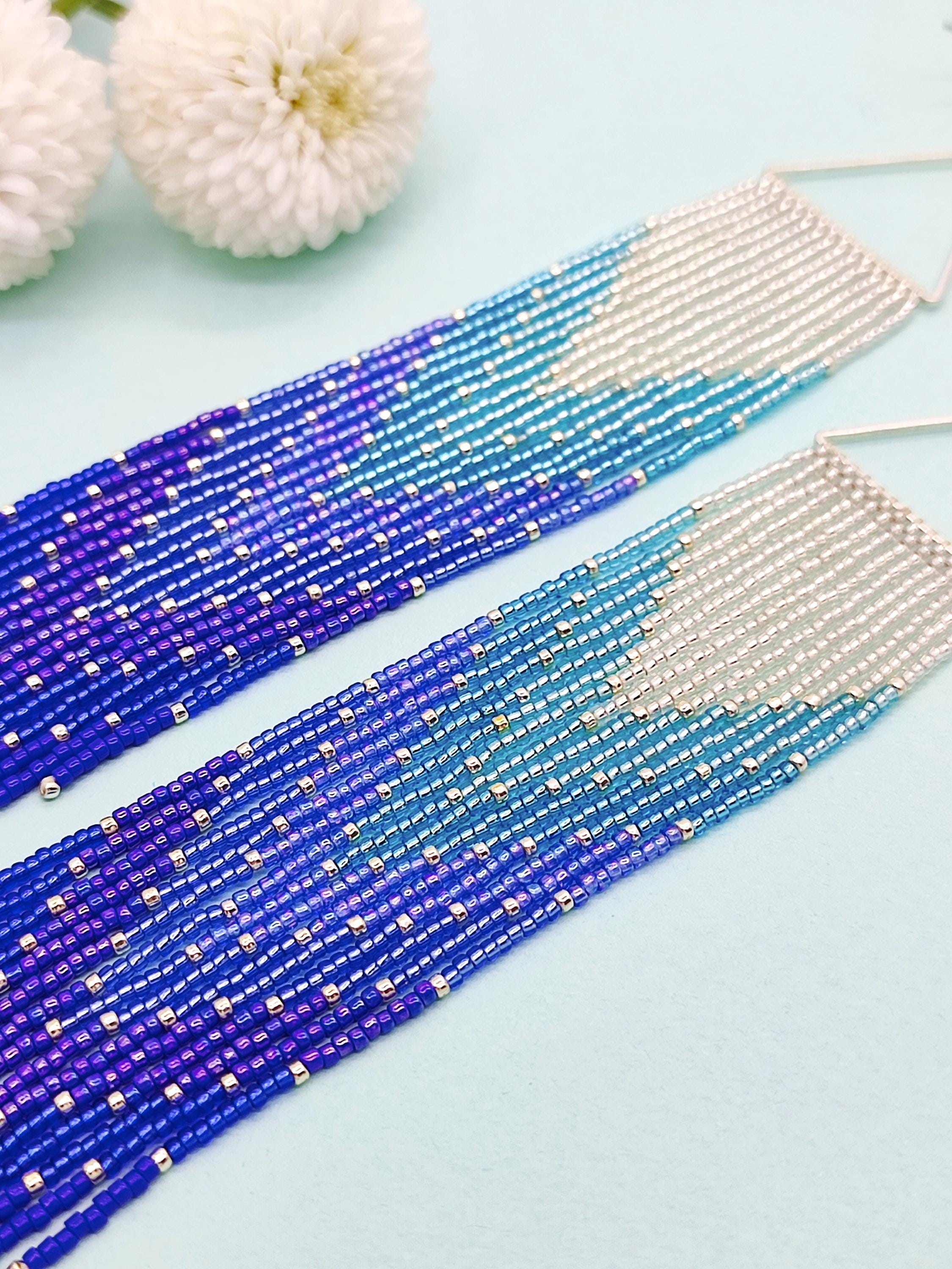 Sky blue earrings  Navy blue earrings Extra long earrings Beaded fringe earrings Crystal point earrings Baby blue earrings