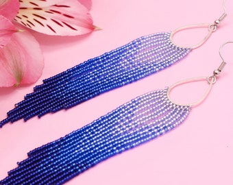 Royal blue earrings Modern lightweight earrings Sky blue earrings Ombre earrings Beaded fringe Earrings Blue beaded earrings