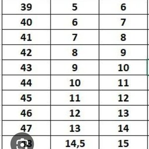 May include: A chart showing shoe size conversions between European, UK, and US sizes. The chart shows sizes from 39 to 49 in EU sizes, 5 to 15.5 in UK sizes, and 6 to 16 in US sizes.
